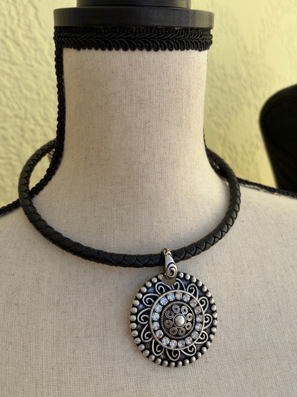 Chico's Black Braided Leather Choker with Silver-Tone Medallion
